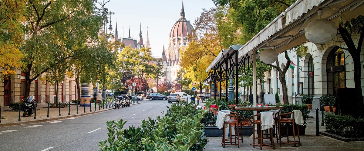 A view down a street in Budapest towards the Hungarian Parliament Building